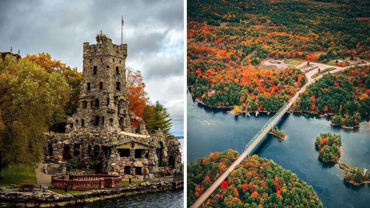 A stone castle by the water. Right: A bridge over water in the fall.
