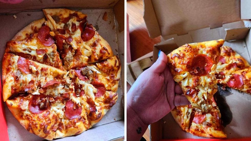 A stone-oven cooked Meat Lovers Pie from Longo's for $11.97. Right: A hand with tattoos golding a slice of the pie.