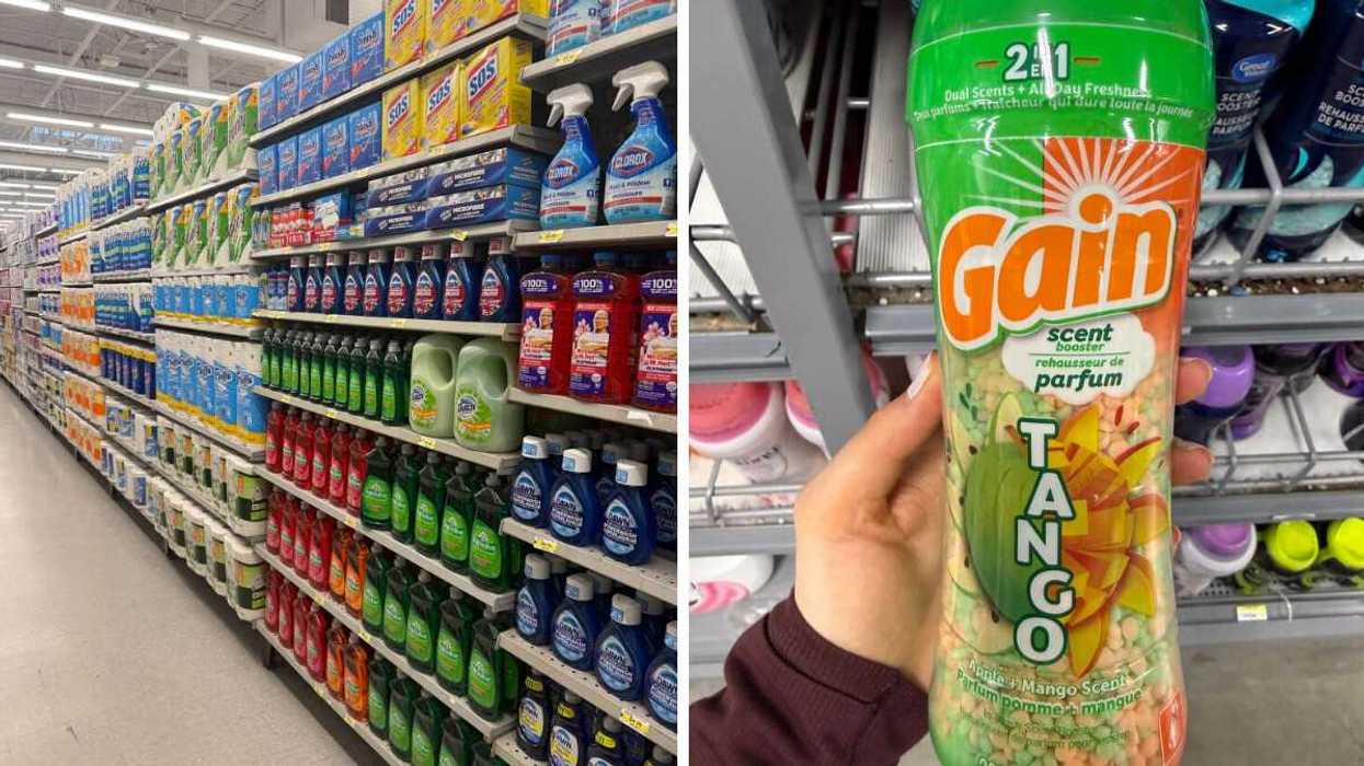 A store aisle filled with various cleaning products. Right: A hand holding a green and orange bottle of Gain scent booster.