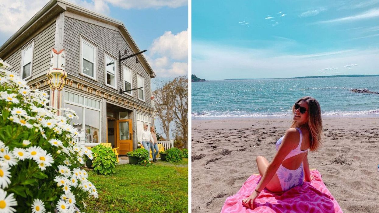A store in a small town in Canada. Right: A woman sits on a beach.