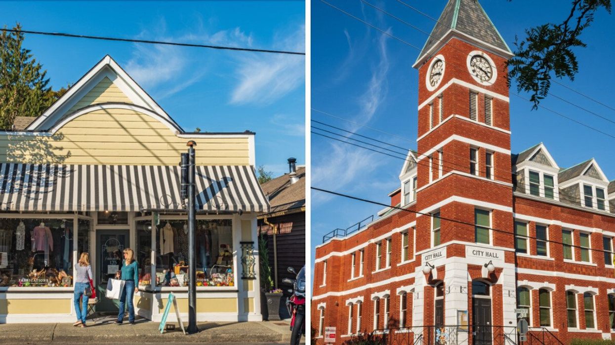 A store in a town. Right: A city hall.