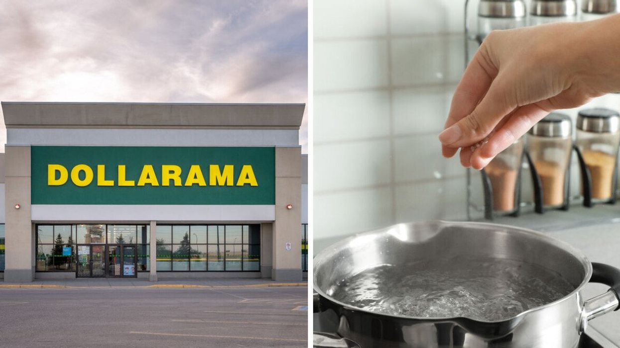 A store with a green and yellow sign that says Dollarama. Right: A hand adding a pinch of salt to a pot of boiling water.
