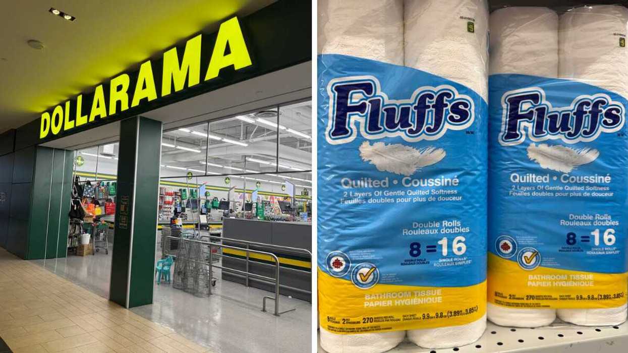 A store with a yellow sign above it that says Dollarama. Right: Packaged toilet paper rolls sitting on a store shelf.