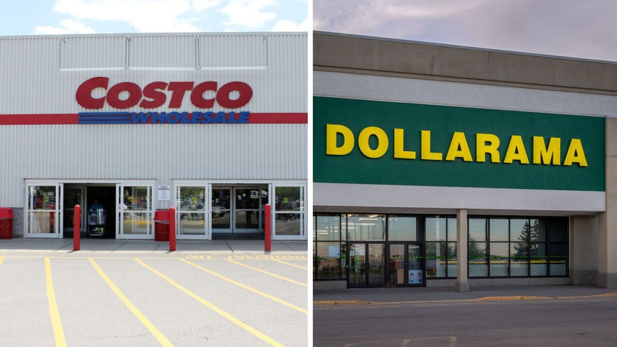 A store with red and blue writing that says Costco Wholesale. Right: A store with a green and yellow sign that says Dollarama.