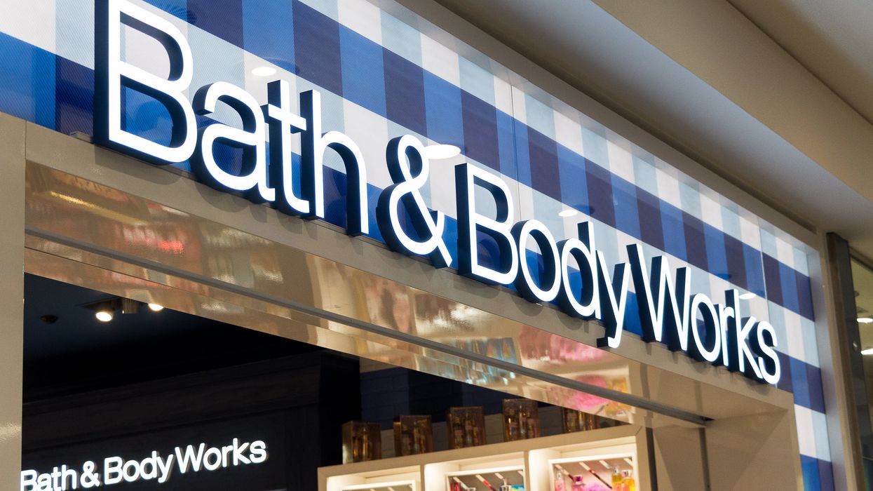 A storefront inside a shopping mall with a sign reading "Bath & Body Works."