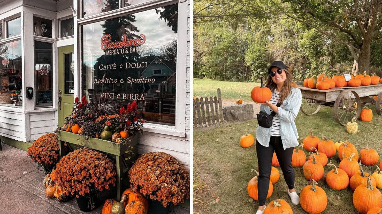 A storefront with fall decor. Right: A person holding a pumpkin.