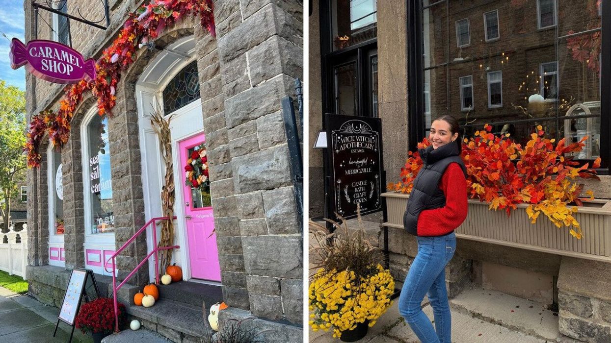 A storefront with fall decor. Right: A person standing in front of a store.