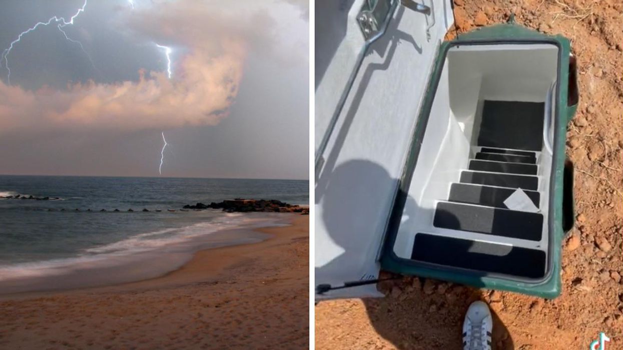 A storm looming over a beach. Right: An underground storm bunker.