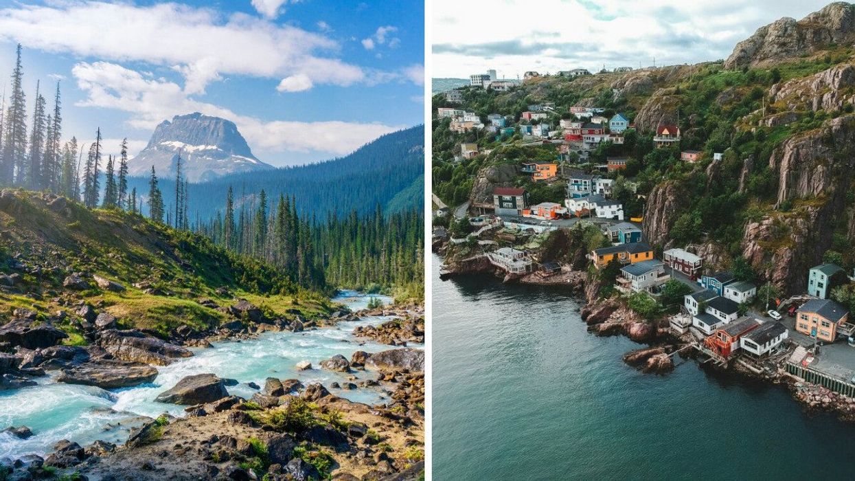 A stream and mountain in Yoho National Park. Right: Aerial view of colourful houses along the rocky St. John's shoreline.