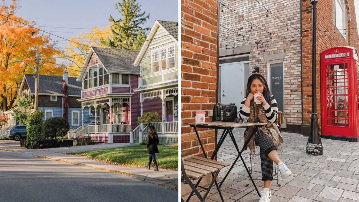 A street during the fall. Right: A person sitting at a table outside.