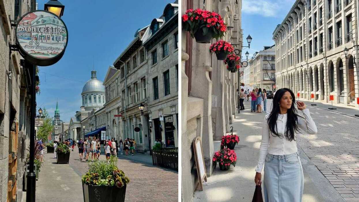 A street in a city near Ottawa. Right: A person walks on a cobblestone street in a city near Ottawa. 