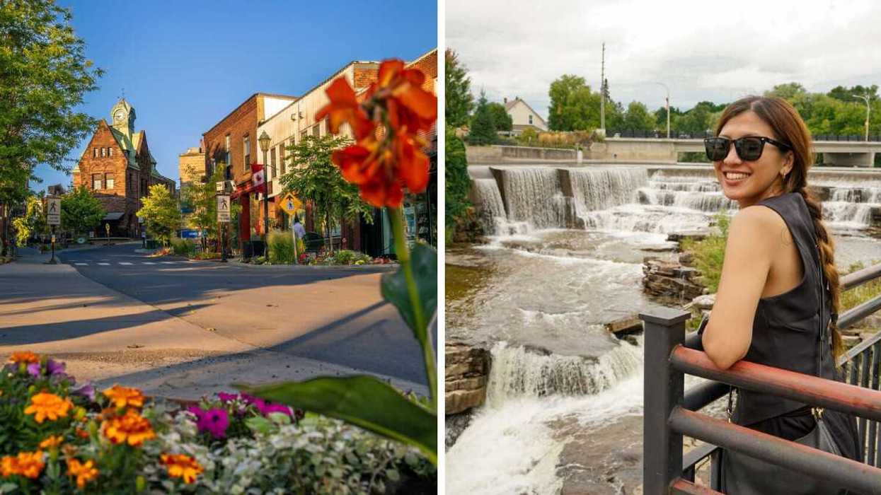 A street in a small town in Ontario. Right: A person stands beside a waterfall in a small town in Ontario.