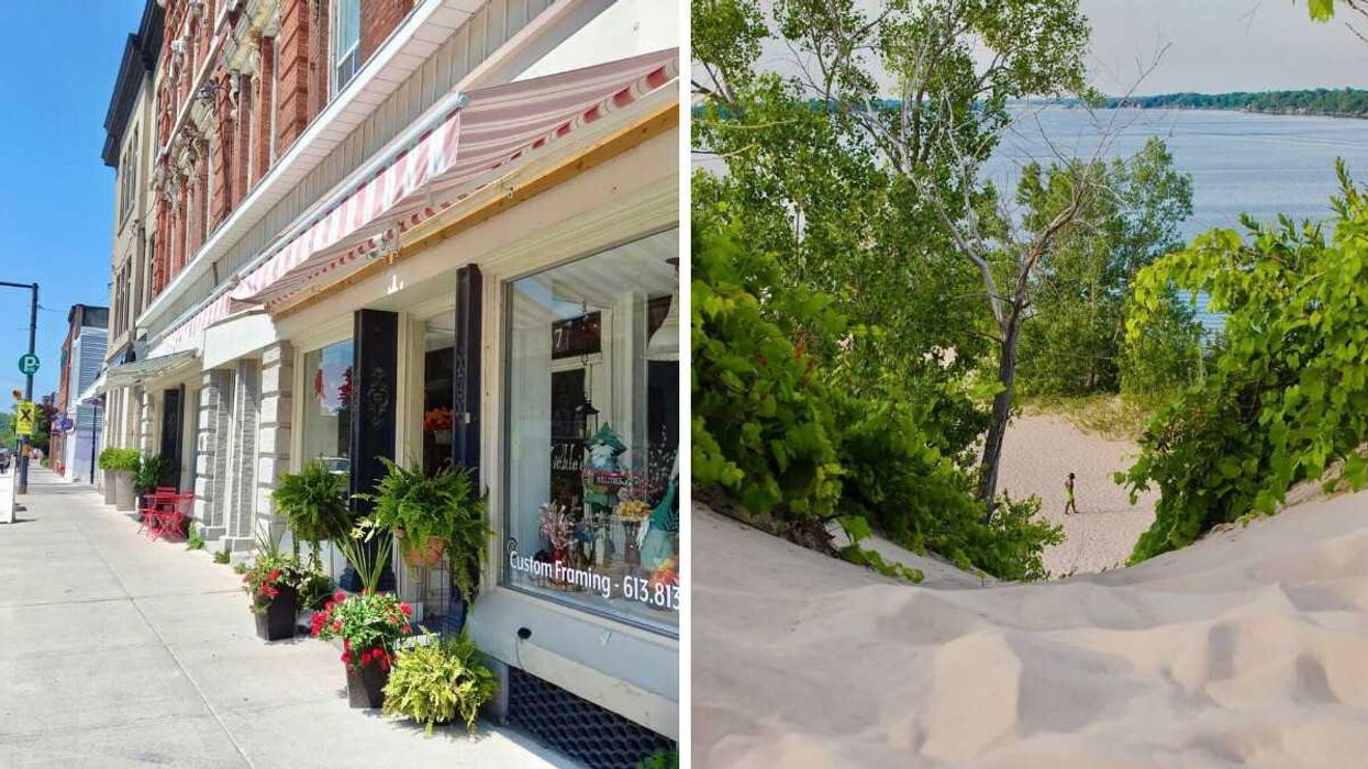 A street in a small town. RIght: A beach with sand dunes.