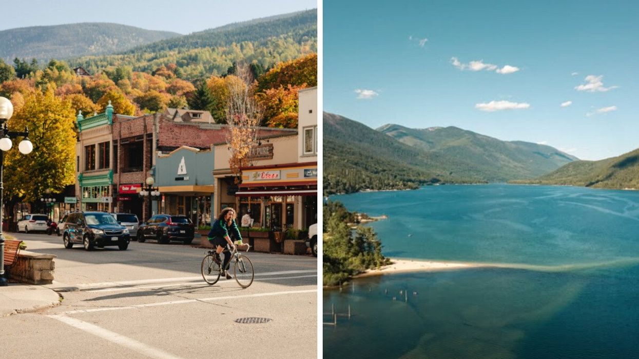 A street in a town. Right: A lake with mountains around it.