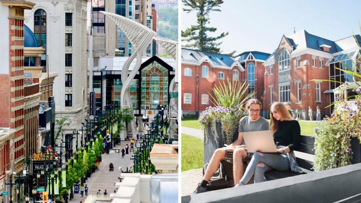 A street in Calgary. Right: Students sit outside Bishop's University in Quebec.