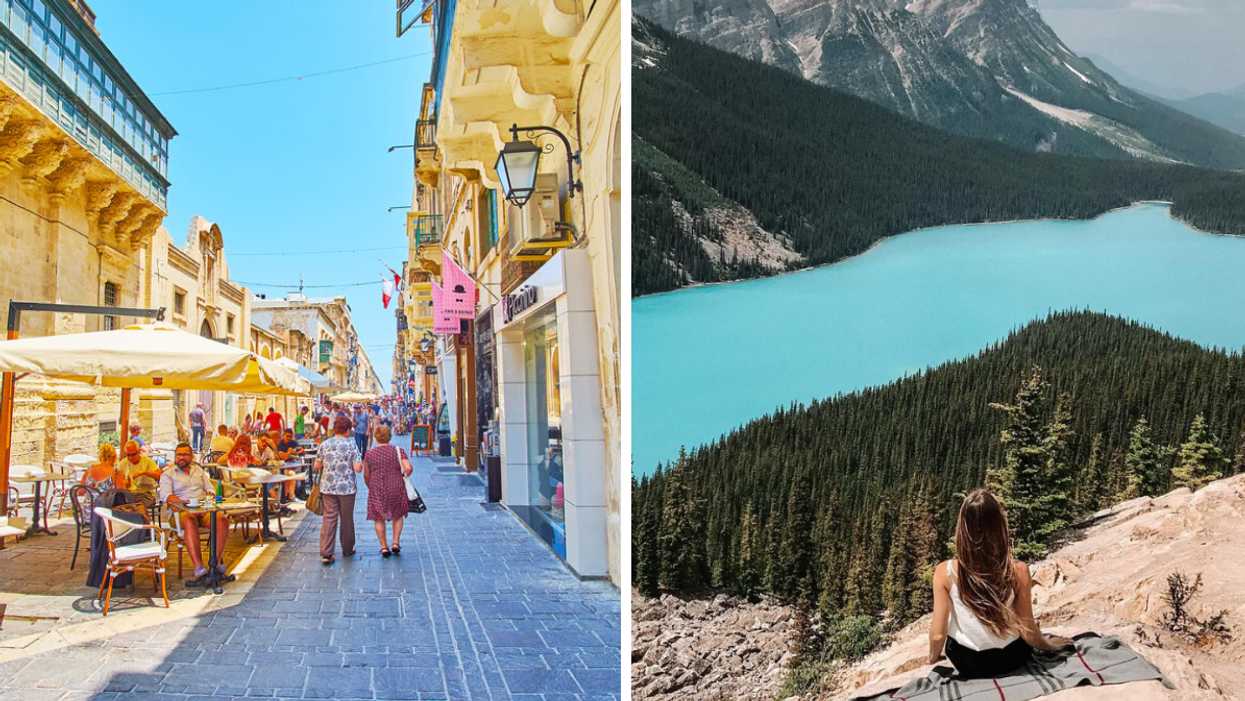 A street in Malta. Right: A woman looking at a lake in Canada.