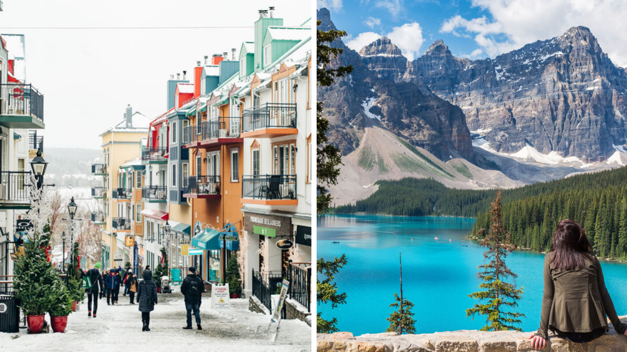 A street in Mont-Tremblant. Right: A tourist at Banff National Park in Alberta.