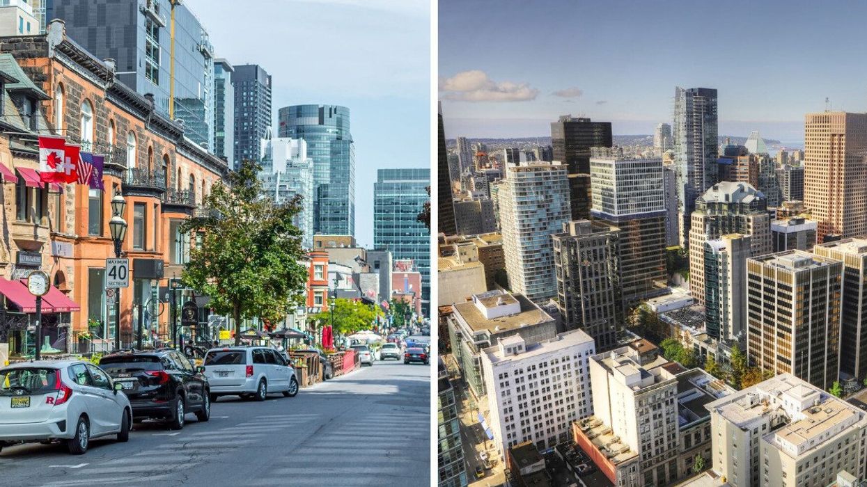 A street in Montreal. Right: Aerial view of Downtown Vancouver.