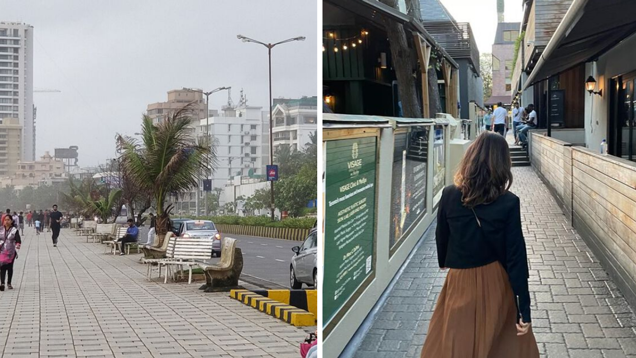 A street in Mumbai. Right: Janice Rodrigues in Downtown Toronto.