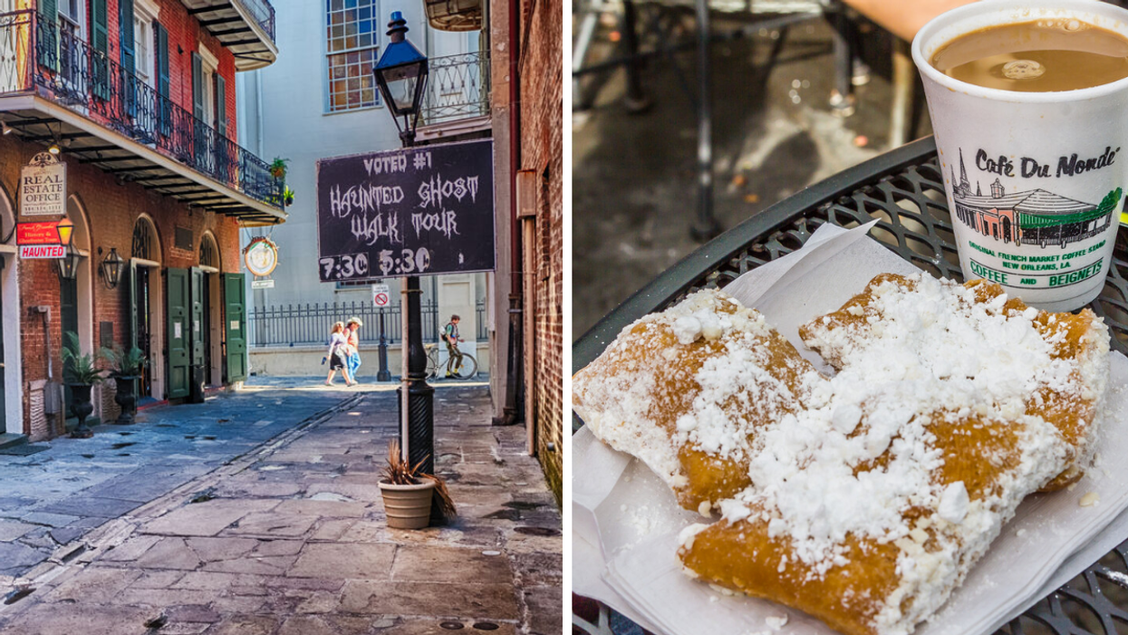 A street in New Orleans. Right: A beignet and coffee from Cafe Du Monde in New Orleans.