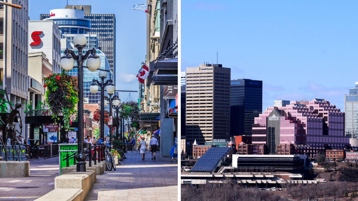 A street in Ottawa. Right: The skyline of Edmonton, Alberta.