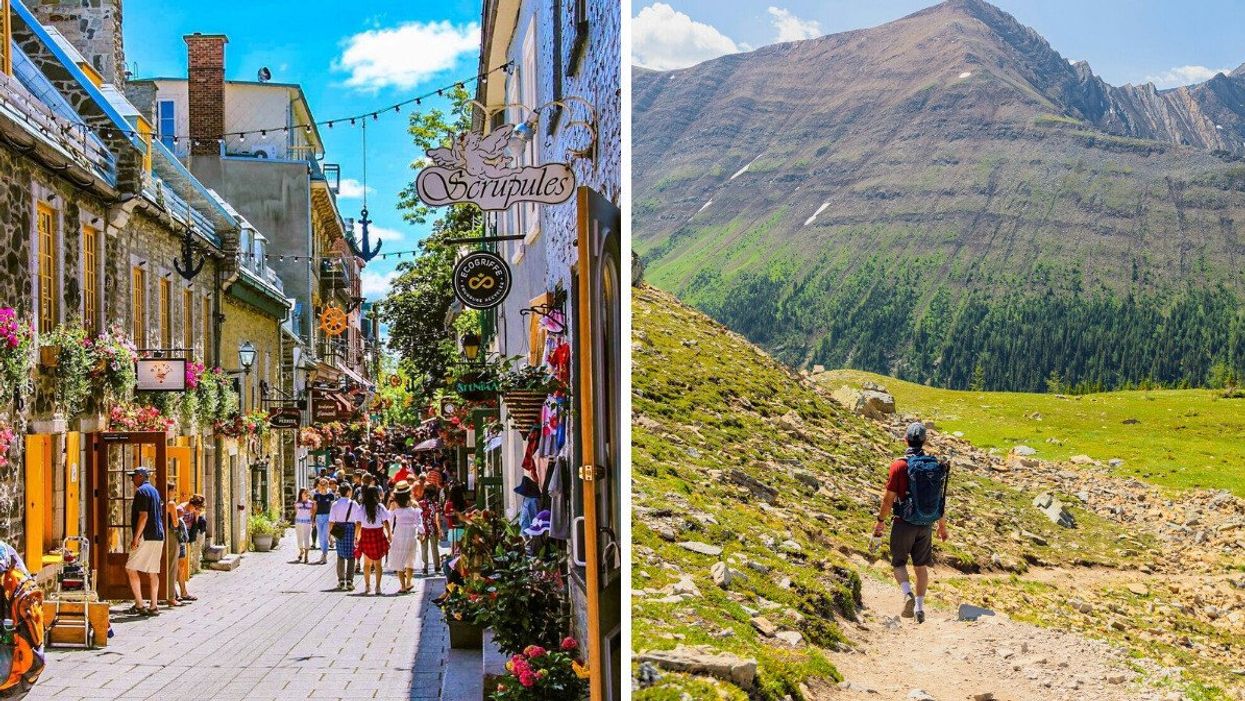 A street in Quebec. Right: A hiking trail in Alberta. 