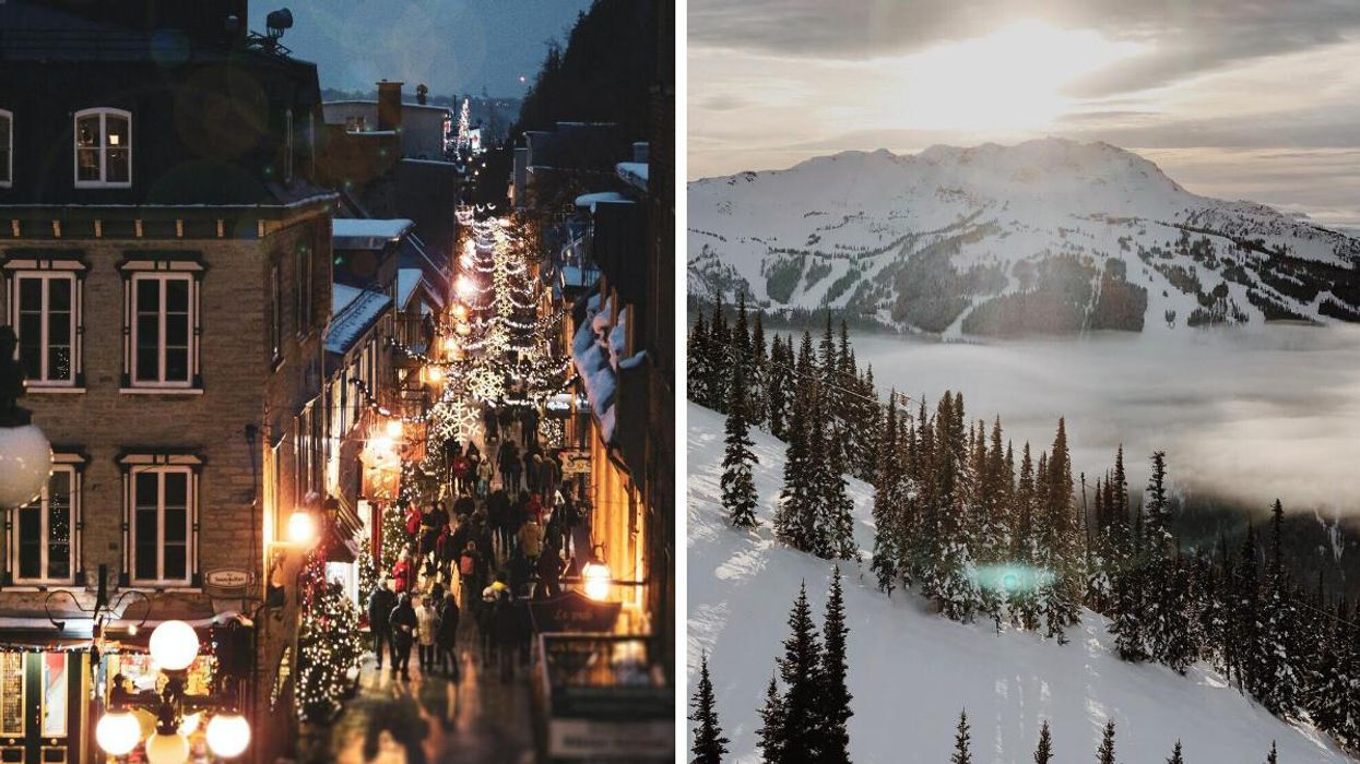A street in Quebec. Right: A snow-covered mountain in B.C.