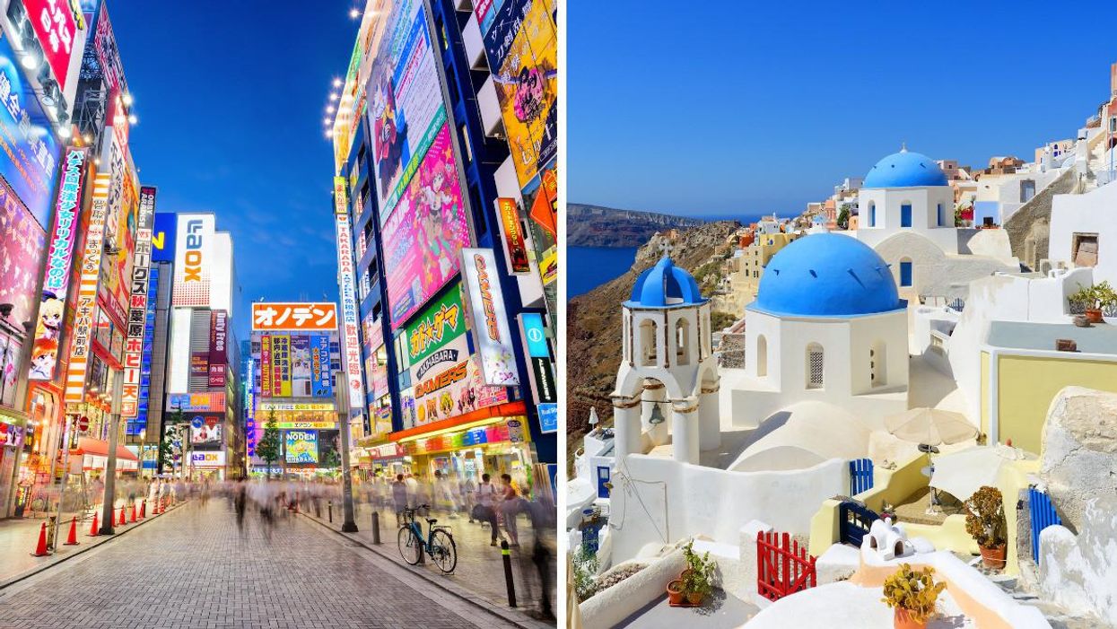 A street in Tokyo. Right: Santorini in Greece.