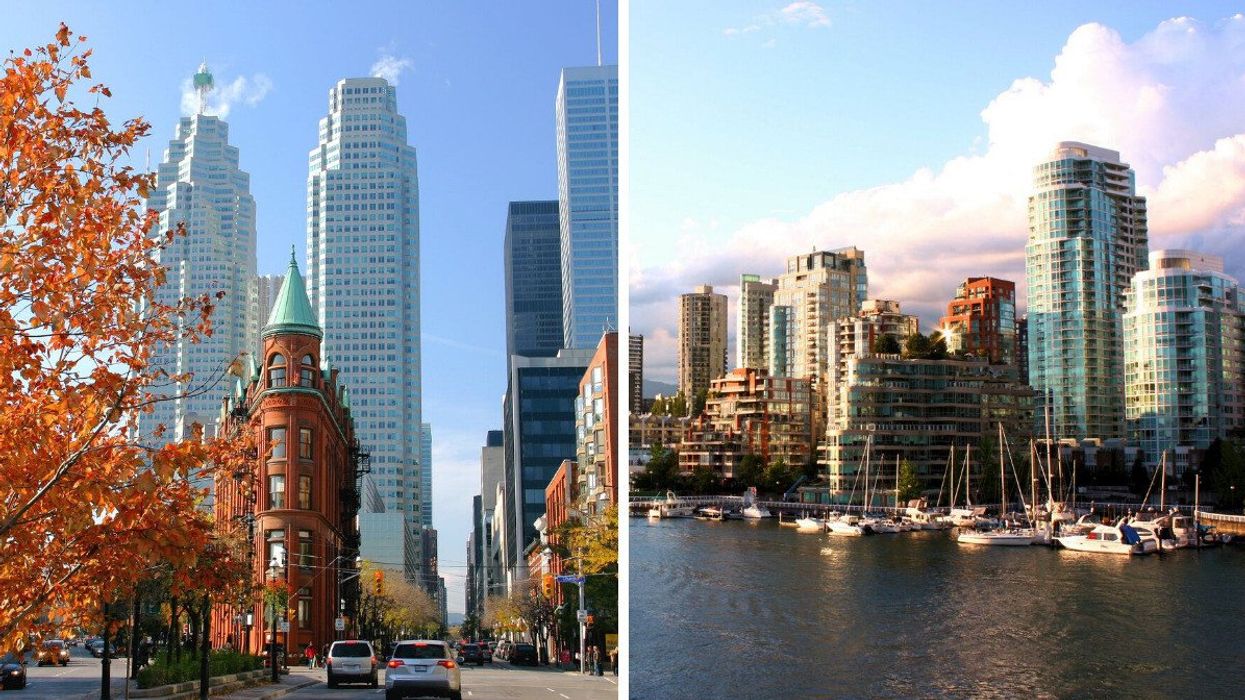 A street in Toronto. Right: The Vancouver skyline.