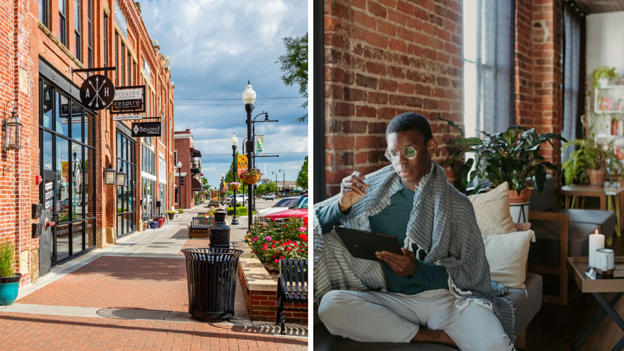 A street in Tulsa, OK. Right: A remote employee working from home.