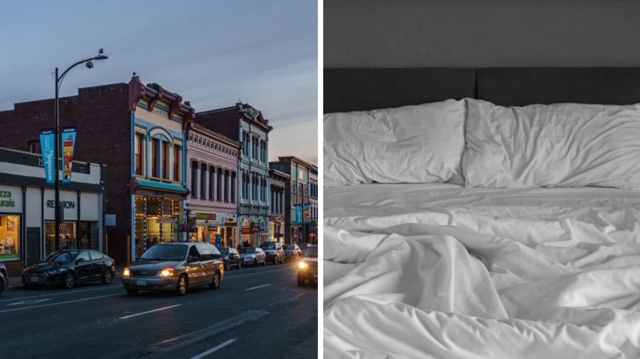A street in Victoria, B.C. Right: An unmade bed.