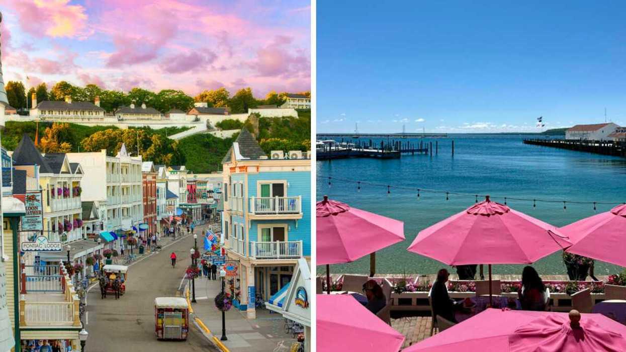 A street lined with colourful buildings. Right: A patio with pink umbrellas by the water.