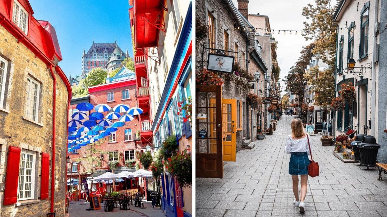 A street lined with umbrellas. Right: A person walks on a cobblestone street in Canada.