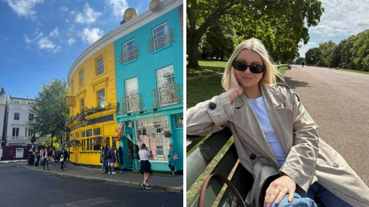 A street. Right: Person on a bench.