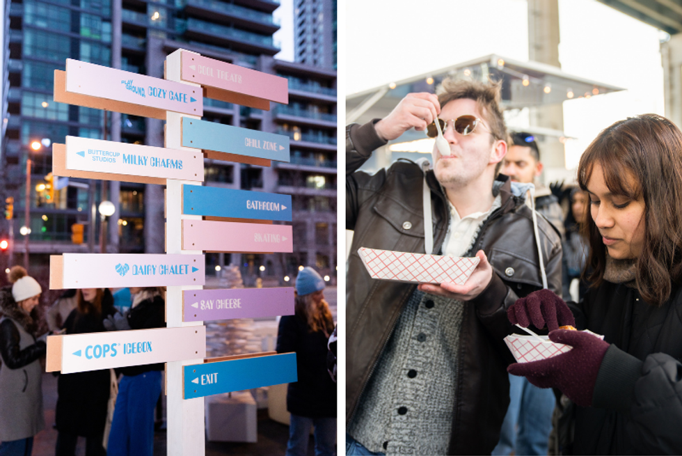 A street sign at the MilkUp event directing guests to different vendors. Right: Two guests sample the food.