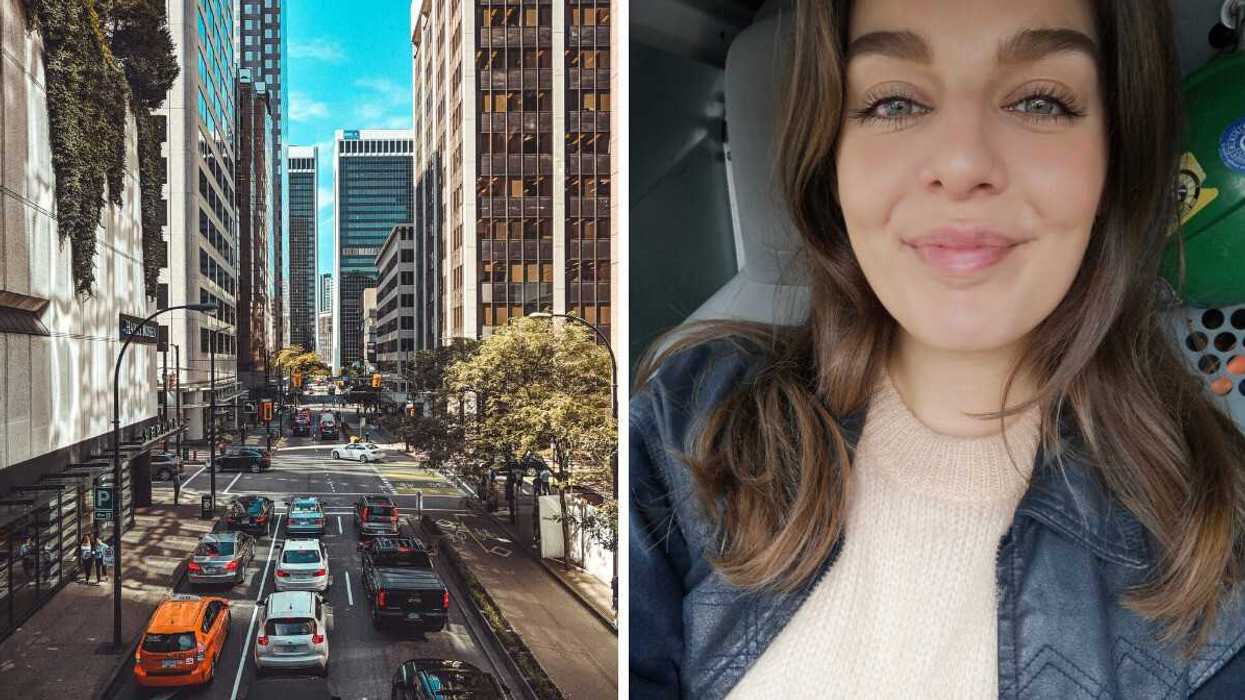 A street view of a Canadian city. Right: A person smiling.