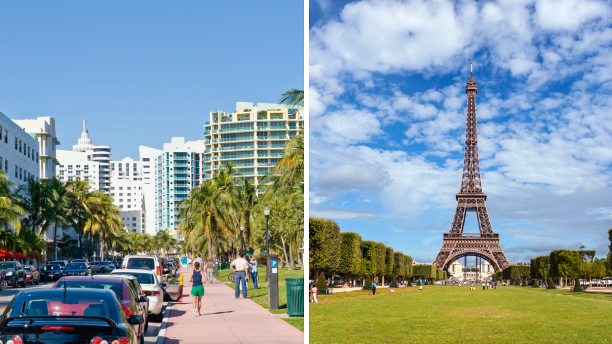 A street view of Miami. Right: The Eiffel Tower.