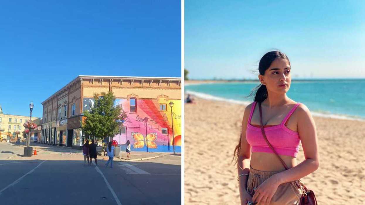 A street with a mural. Right: A person standing on a beach.