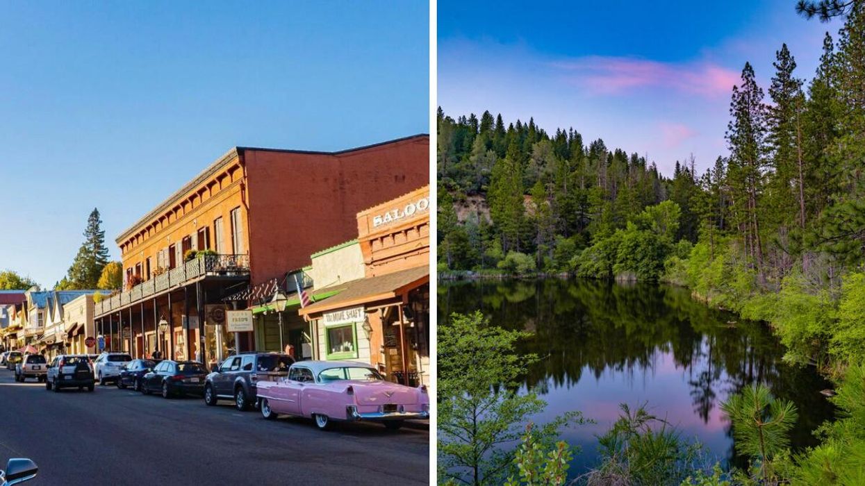 A street with a pink care in Nevada City, CA. Right: Hirschman Pond in Nevada City, CA.
