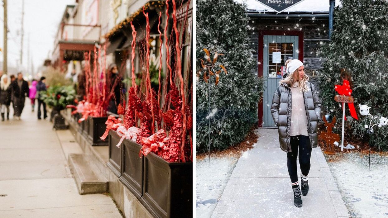 A street with Christmas decor. Right: A person walking along a snowy sidewalk.