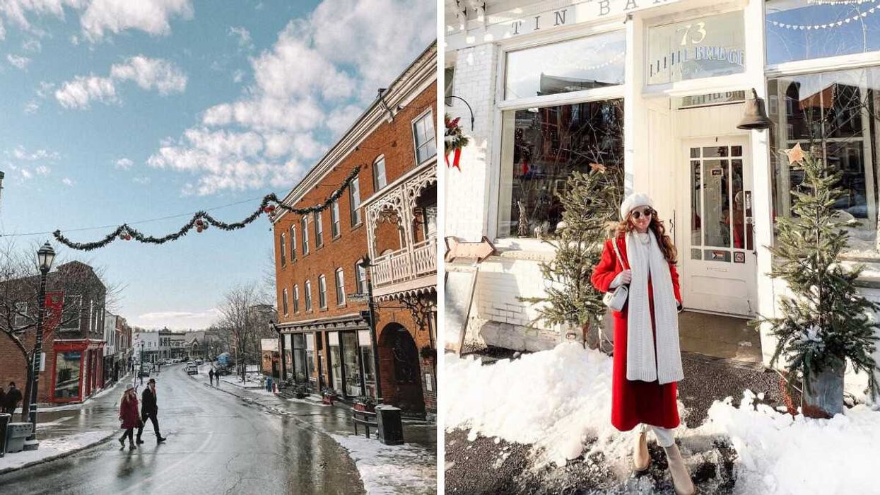 A street with Christmas decorations. Right: A person standing outside a store.