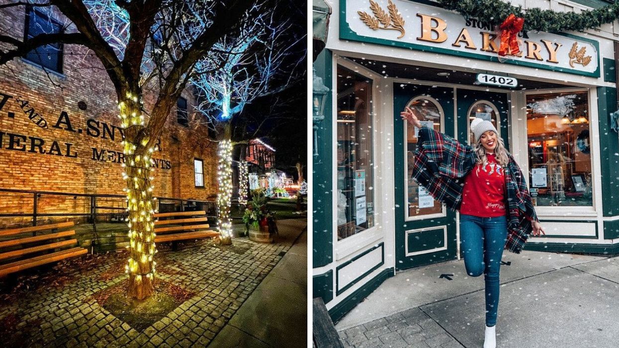 A street with Christmas lights. Right: A person standing outside of a store at Christmas.
