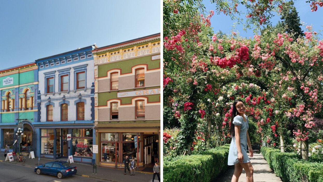 A street with colourful buildings. Right: Someone in a gardne.