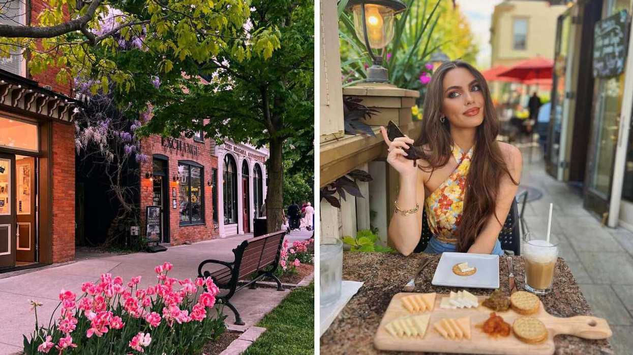 A street with flowers. Right: A person sitting at a restaurant.