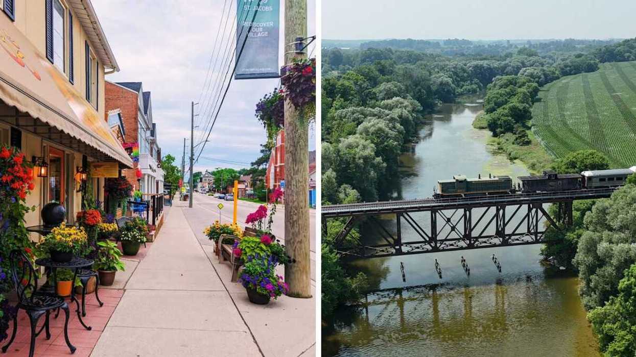 A street with flowers. Right: A train crossing a bridge.