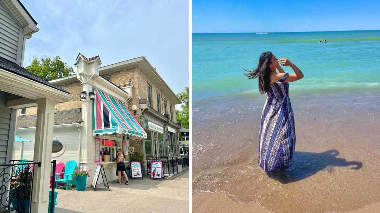 A street with historic buildings. Right: A person on a beach.
