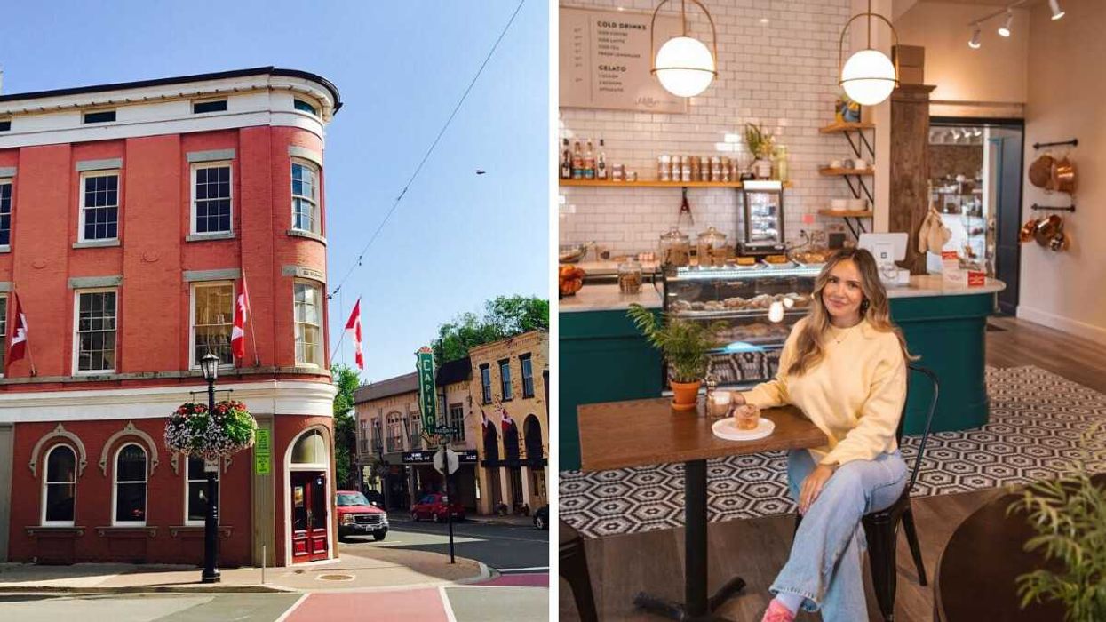 A street with historic buildings. Right: A person sitting in a cafe.