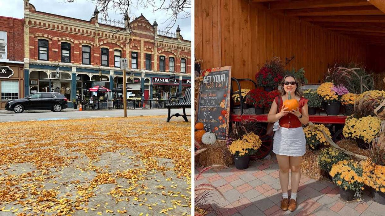 A street with leaves on it. Right: A person holding a pumpkin.