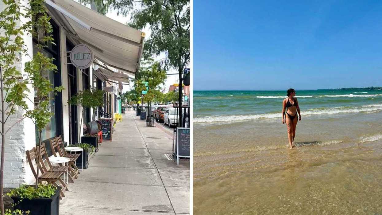 A street with shops and plants. Right: A person walking on a sandy beach.