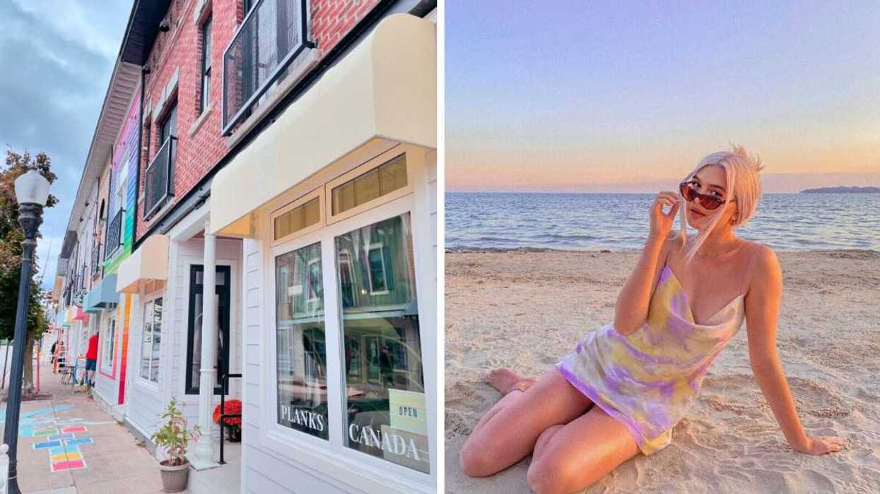 A street with shops. Right: A person sitting on a beach.